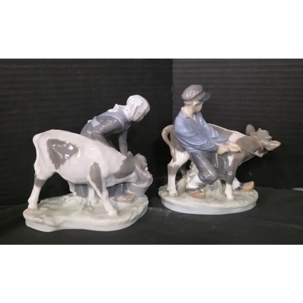 Royal Copenhagen farm girl and boy tending cows Figures c.1950 6.5